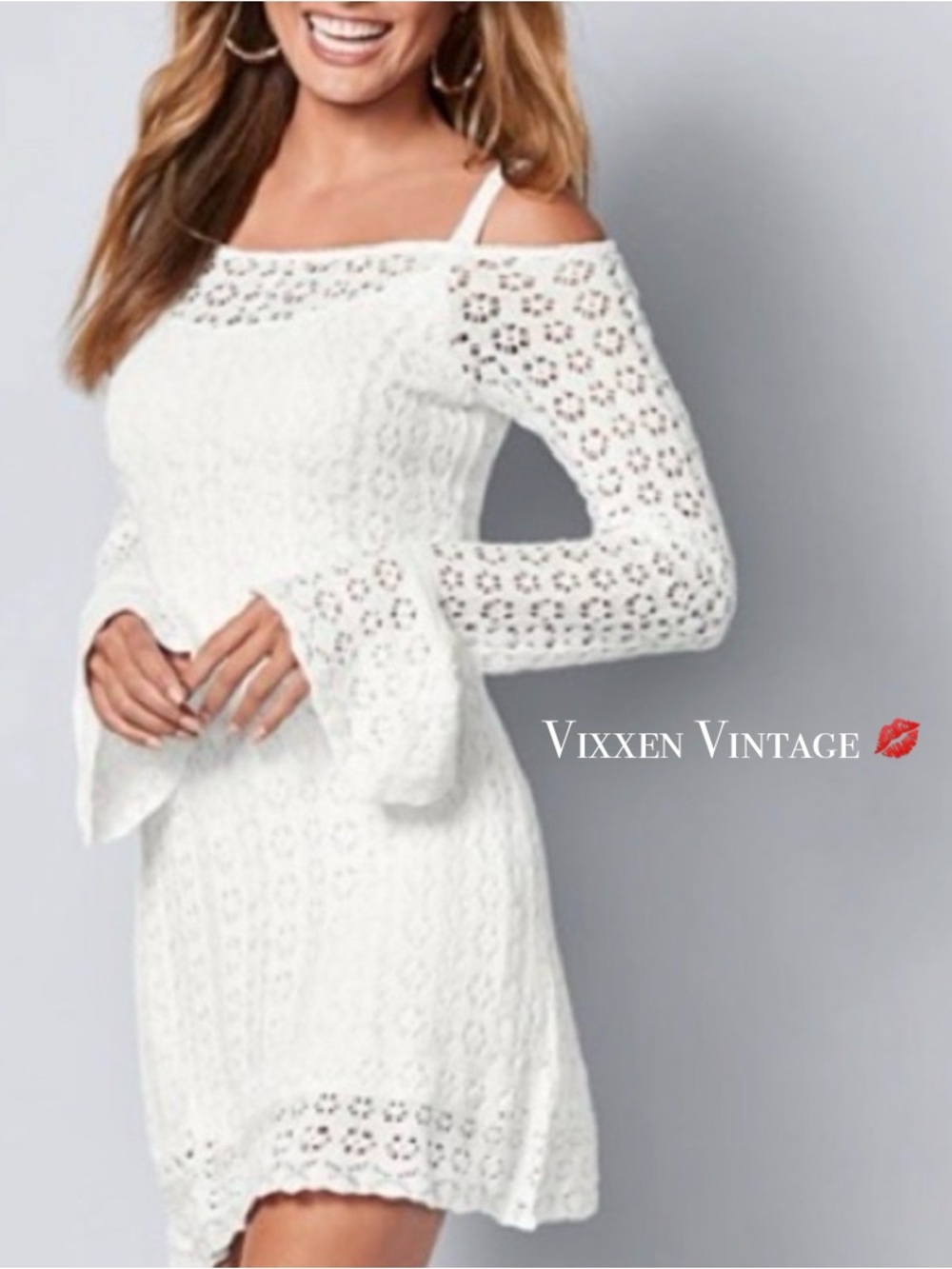 VENUS COLD SHOULDER CROCHET BELL SLEEVE BODYCON DRESS IN WHITE - Picture 3 of 7
